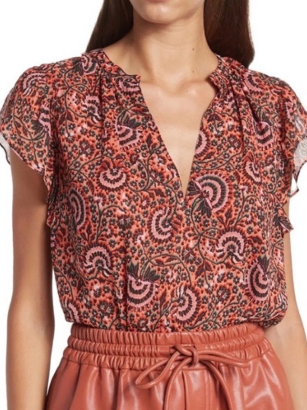 A.L.C. Coral Paisley Print V-Neck Flutter Sleeve Blouse